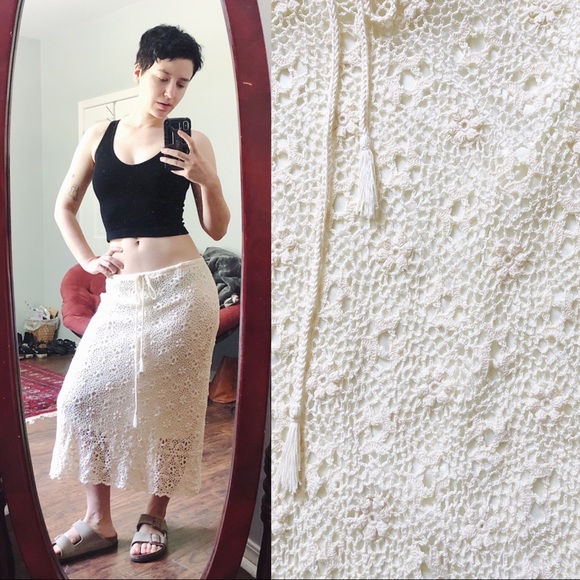 Vintage Dresses & Skirts - SOLD Rene Derhy • vintage crocheted skirt lace knit drawstring waist midi cream